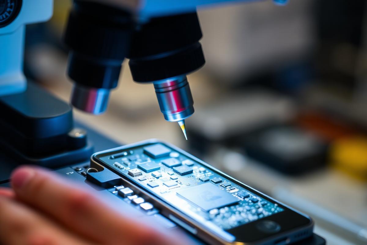 Micro-soldagem de placa de smartphone em laboratório